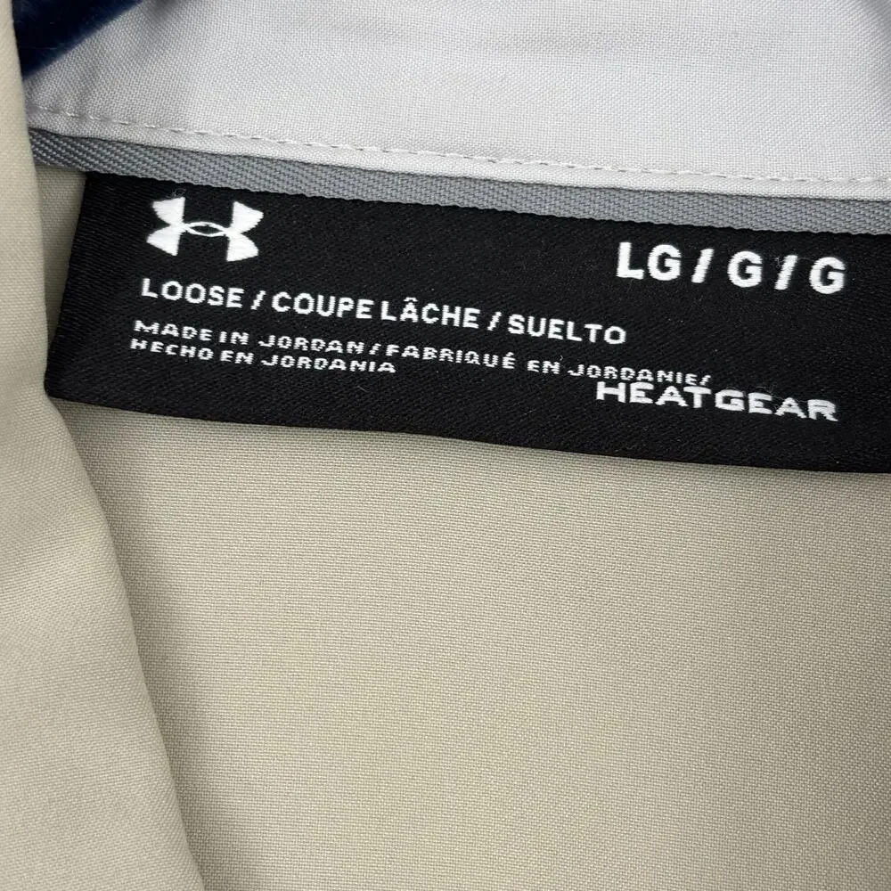 Under Armour Button Shirt Mens L Tan Fishing Redox Logo Roll Tab Sleeve Vented
